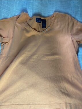 Cherokee Peach V-Neck Short Sleeve Tee with Button Detail